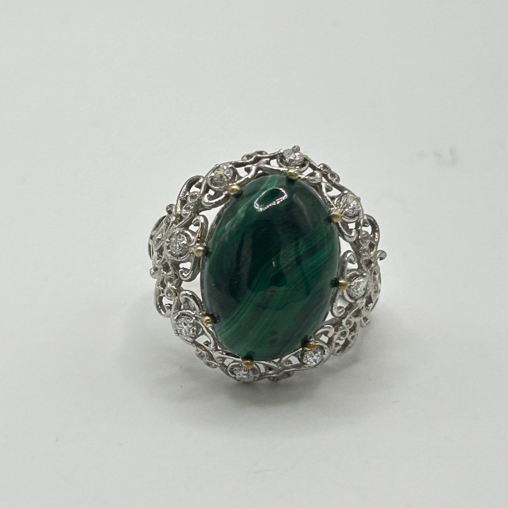 Malachite and White Sapphire Ring; Size 8.75; PtB